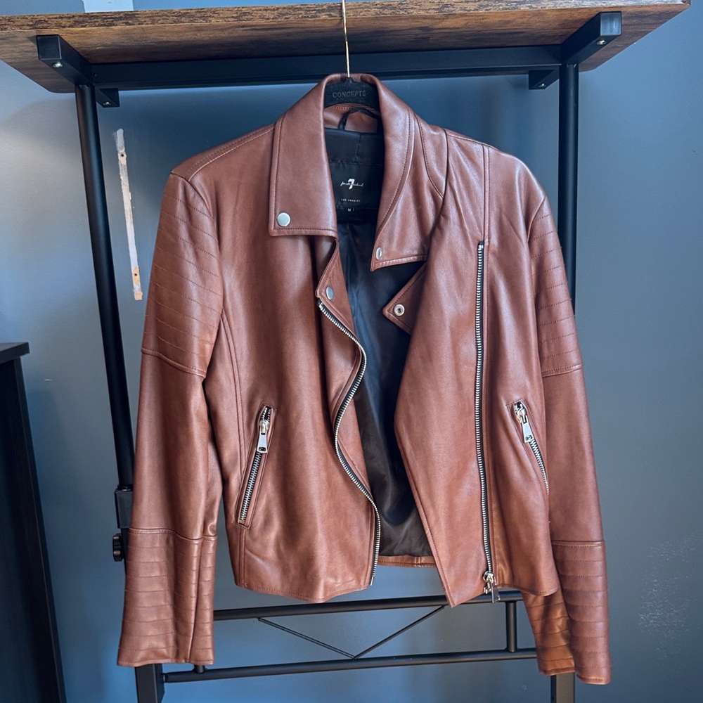 7 For All Mankind Tan Leather Biker Jacket